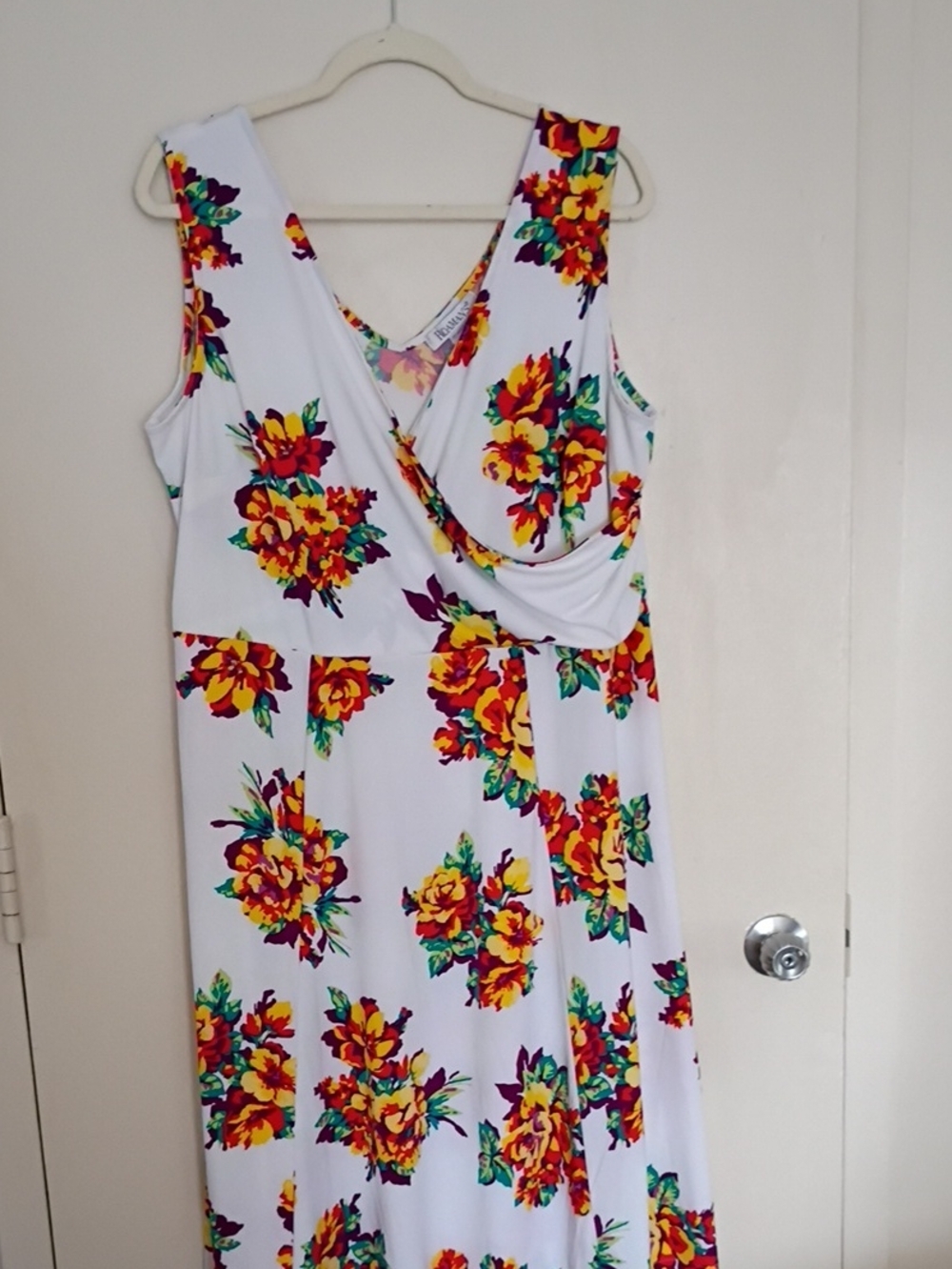 Roaman's White Floral Midi Dress with Bold Yellow & Red Blooms